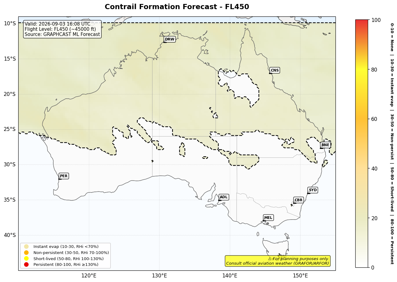 Contrail forecast for FL450 at 2026-09-03 16:08 UTC