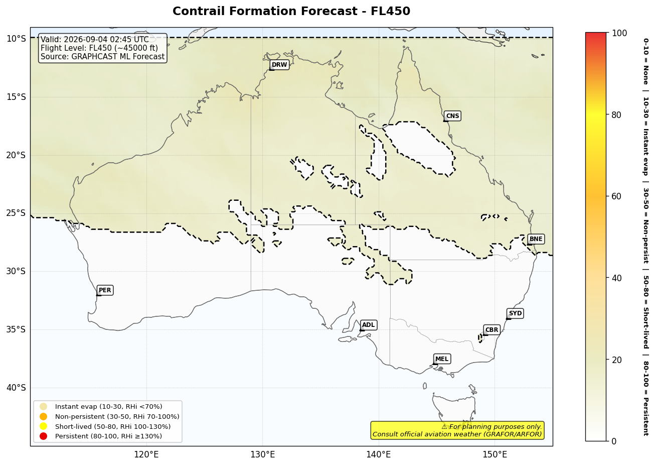 Contrail forecast for FL450 at 2026-09-04 02:45 UTC