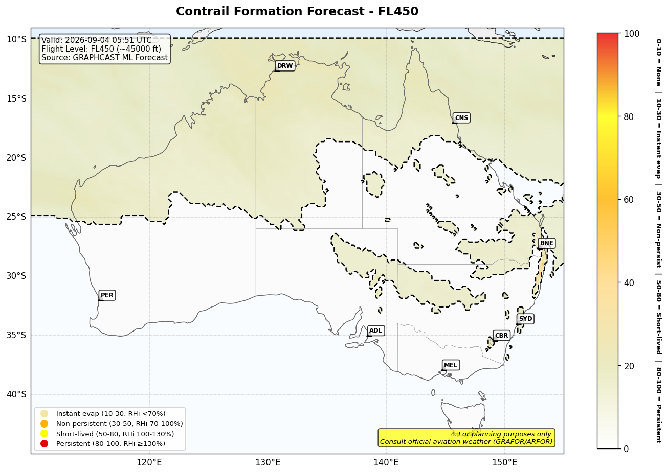 Contrail forecast for FL450 at 2026-09-04 05:51 UTC