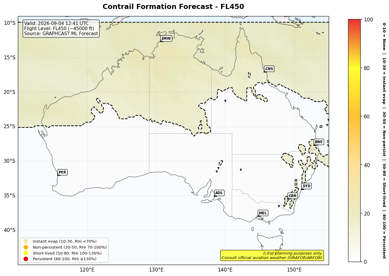 Contrail forecast for FL450 at 2026-09-04 12:41 UTC