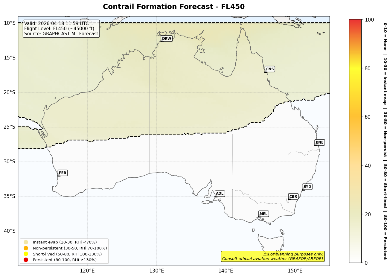 Contrail forecast for FL450 at 2026-04-18 11:59 UTC
