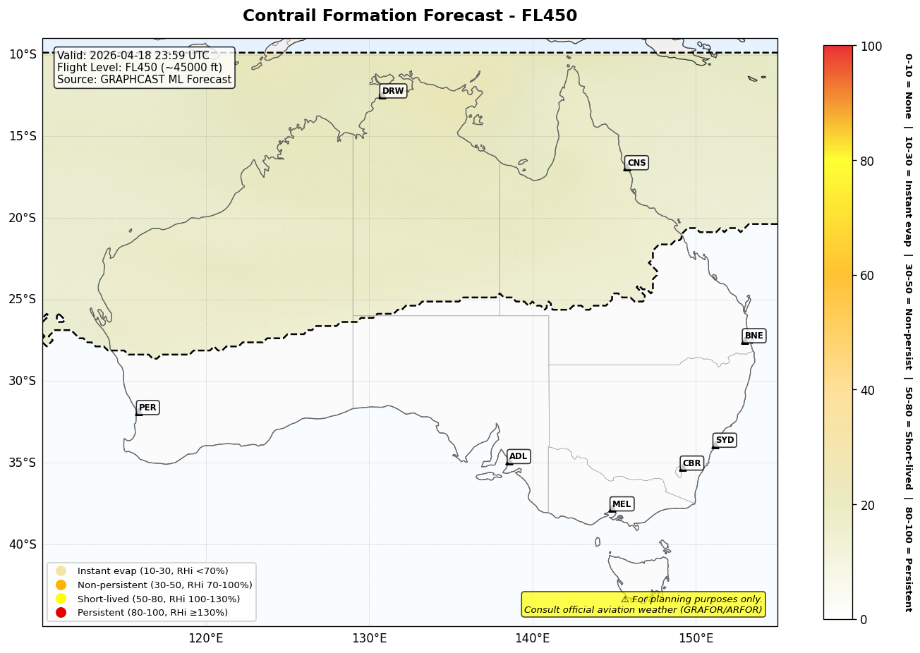 Contrail forecast for FL450 at 2026-04-18 23:59 UTC