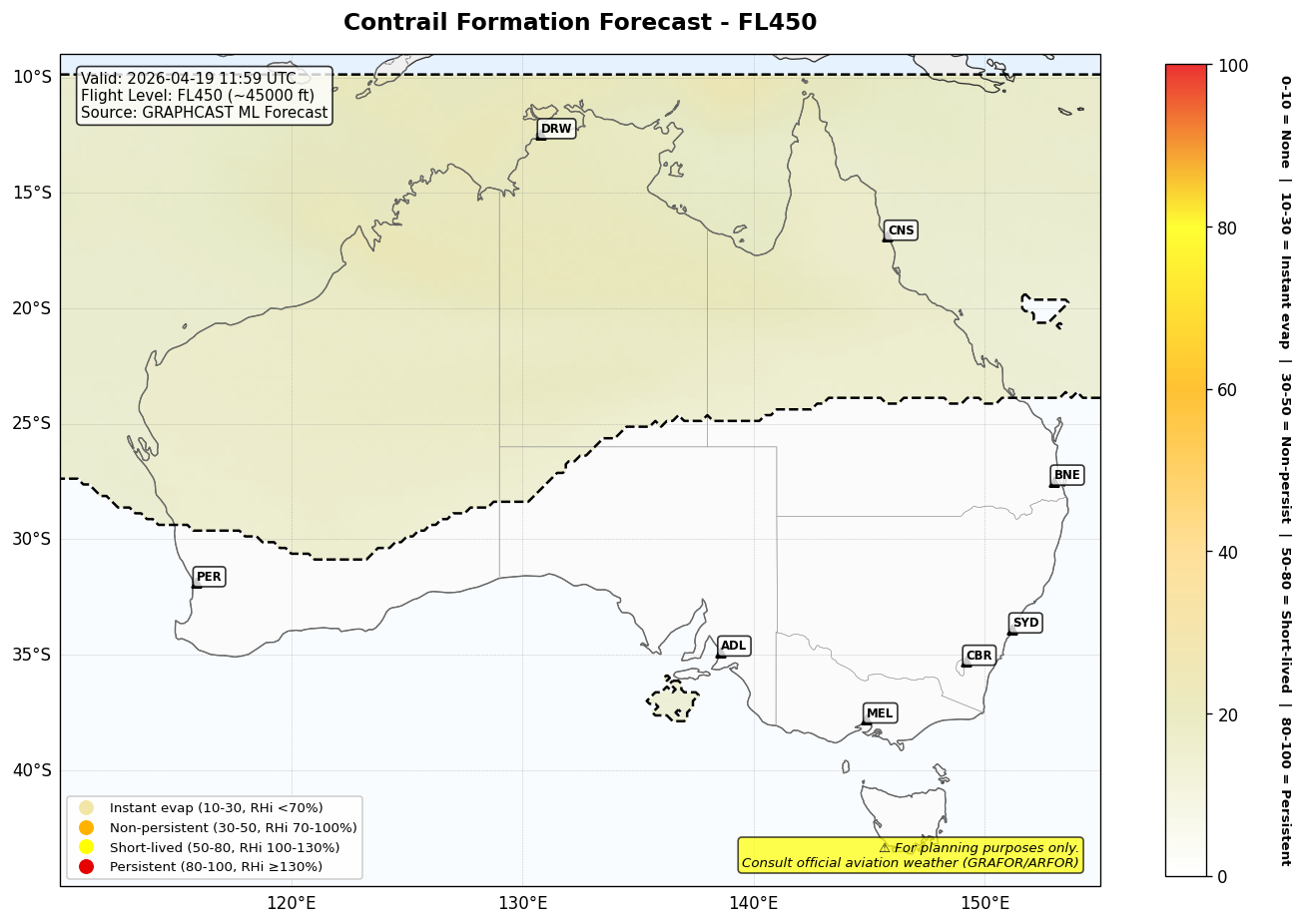 Contrail forecast for FL450 at 2026-04-19 11:59 UTC