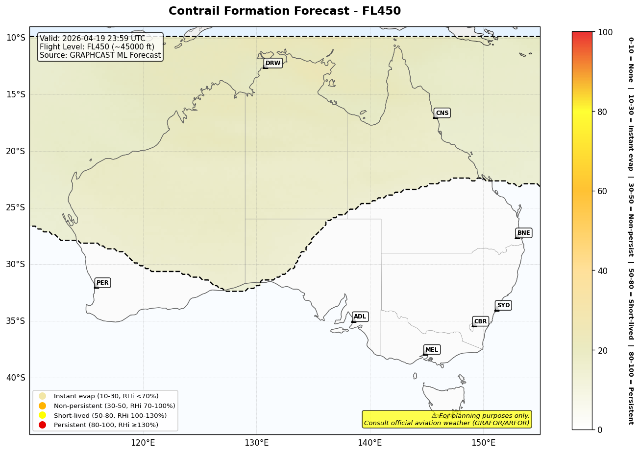 Contrail forecast for FL450 at 2026-04-19 23:59 UTC