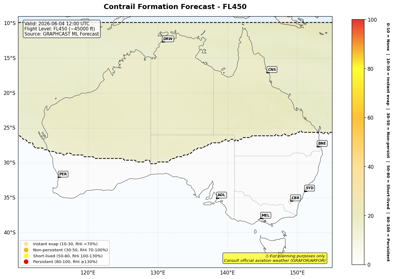 Contrail forecast for FL450 at 2026-06-04 12:00 UTC