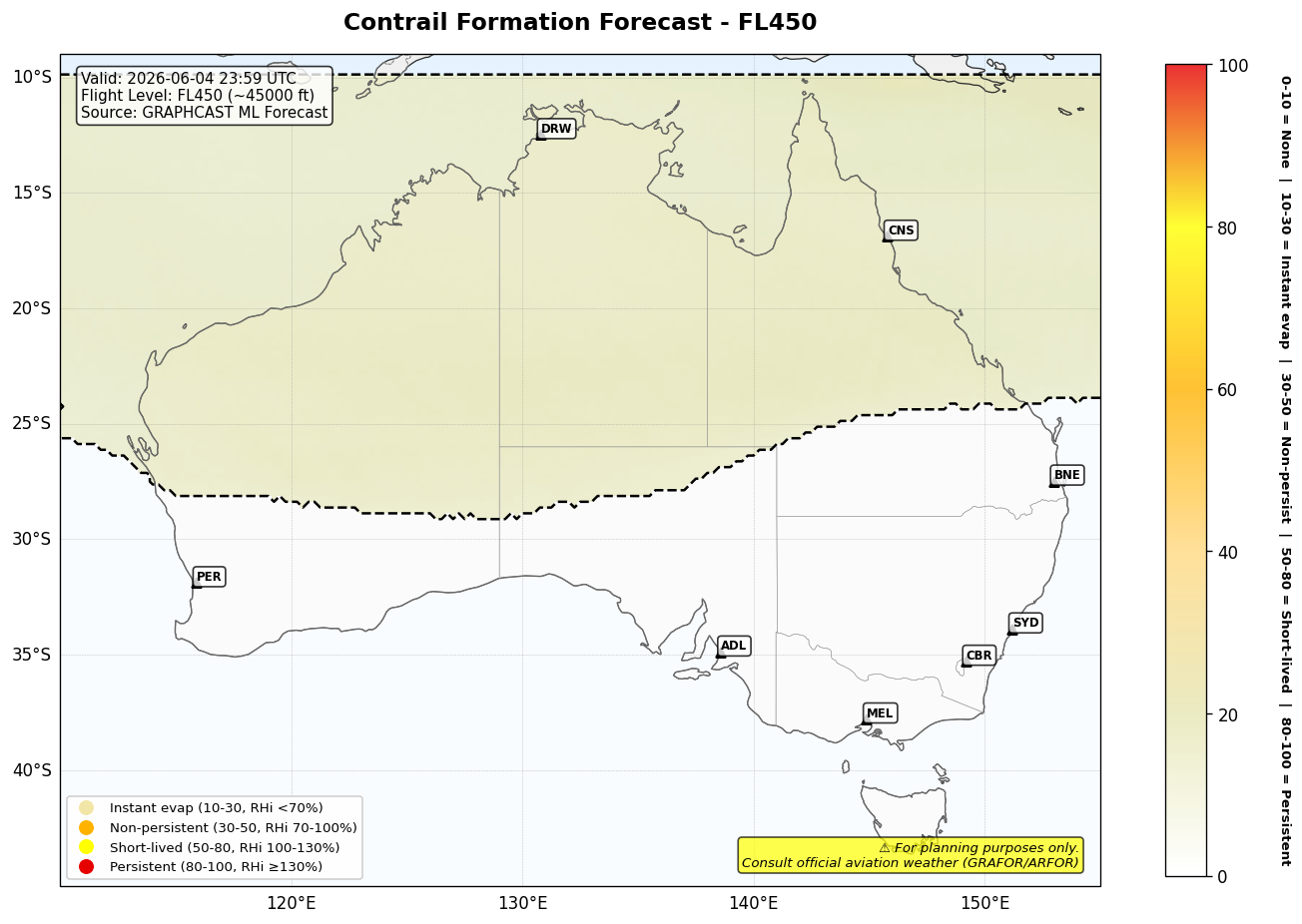 Contrail forecast for FL450 at 2026-06-04 23:59 UTC