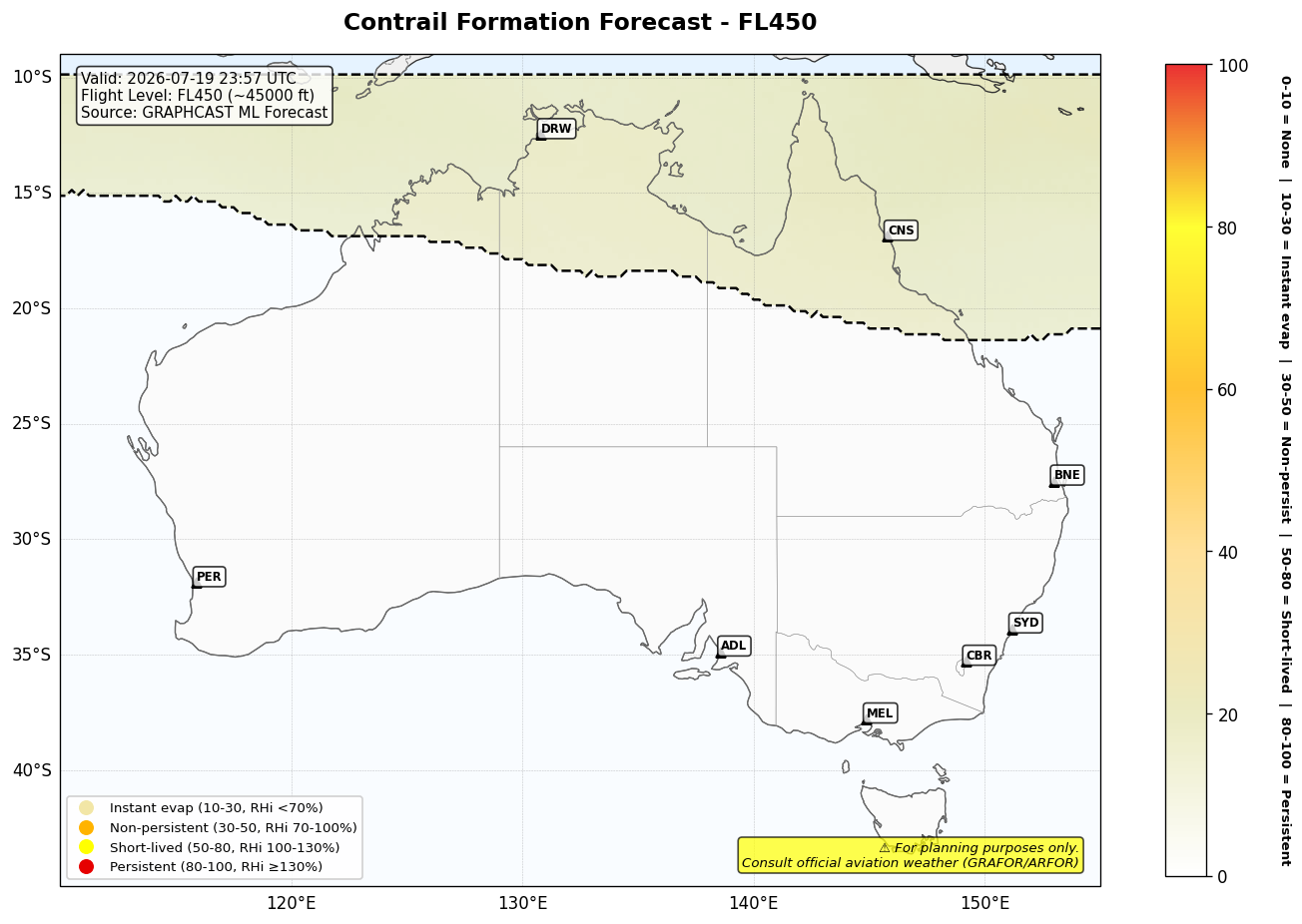 Contrail forecast for FL450 at 2026-07-19 23:57 UTC