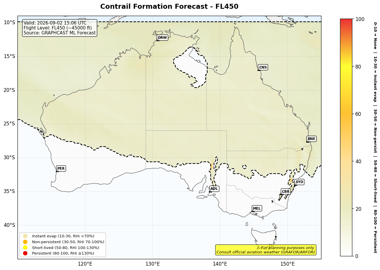 Contrail forecast for FL450 at 2026-09-02 15:06 UTC