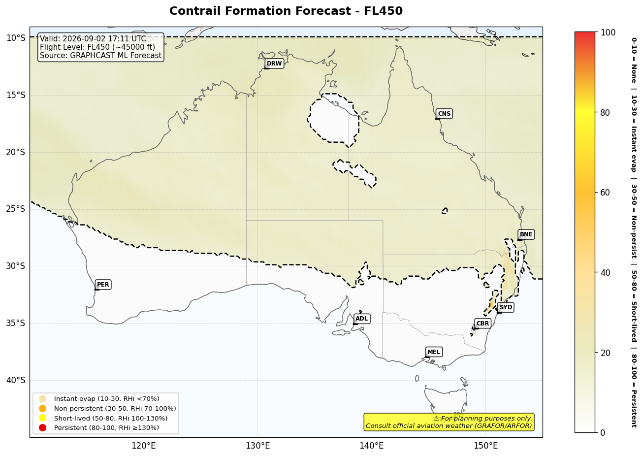 Contrail forecast for FL450 at 2026-09-02 17:11 UTC