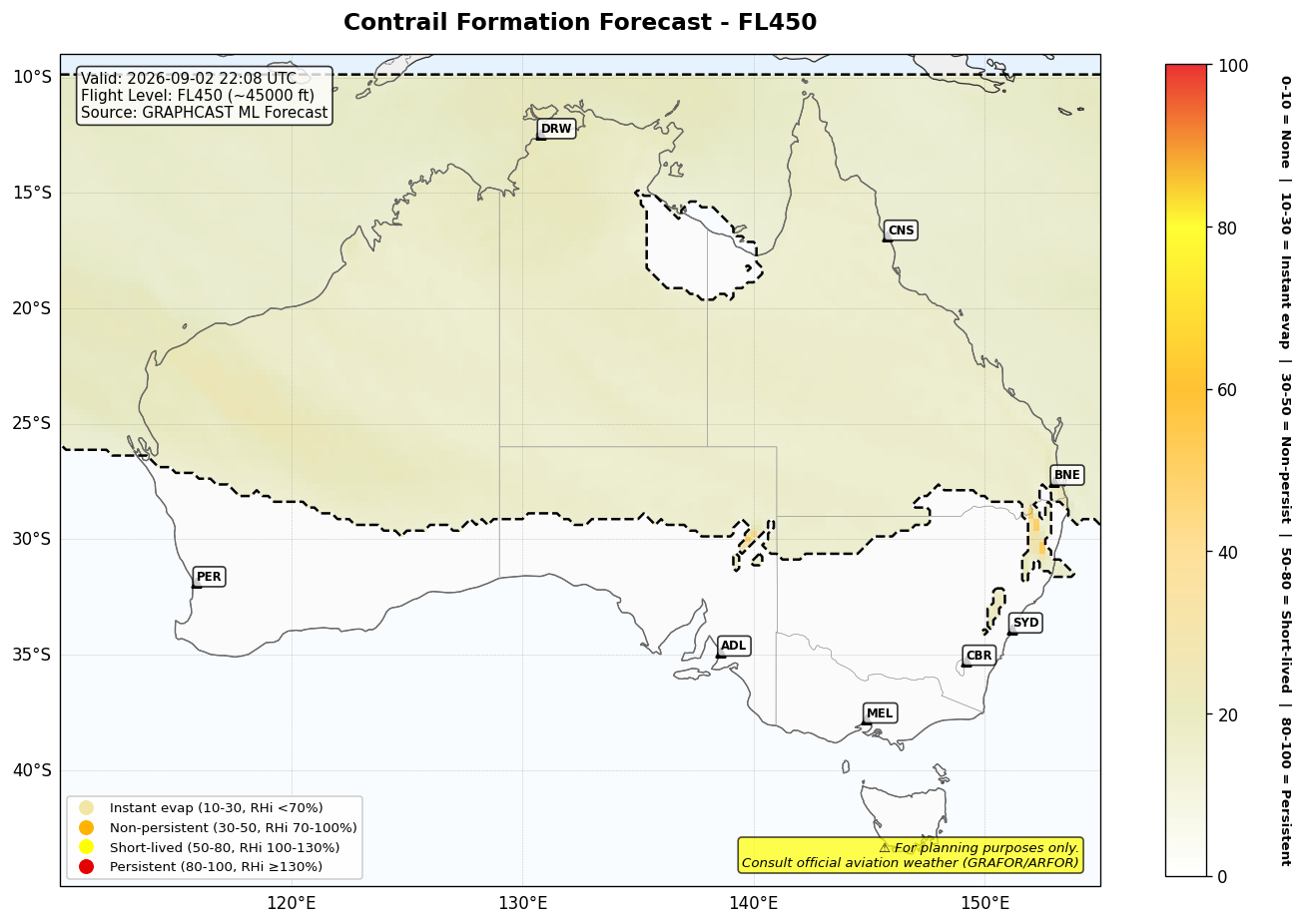 Contrail forecast for FL450 at 2026-09-02 22:08 UTC
