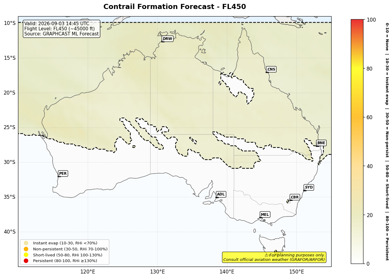 Contrail forecast for FL450 at 2026-09-03 14:45 UTC