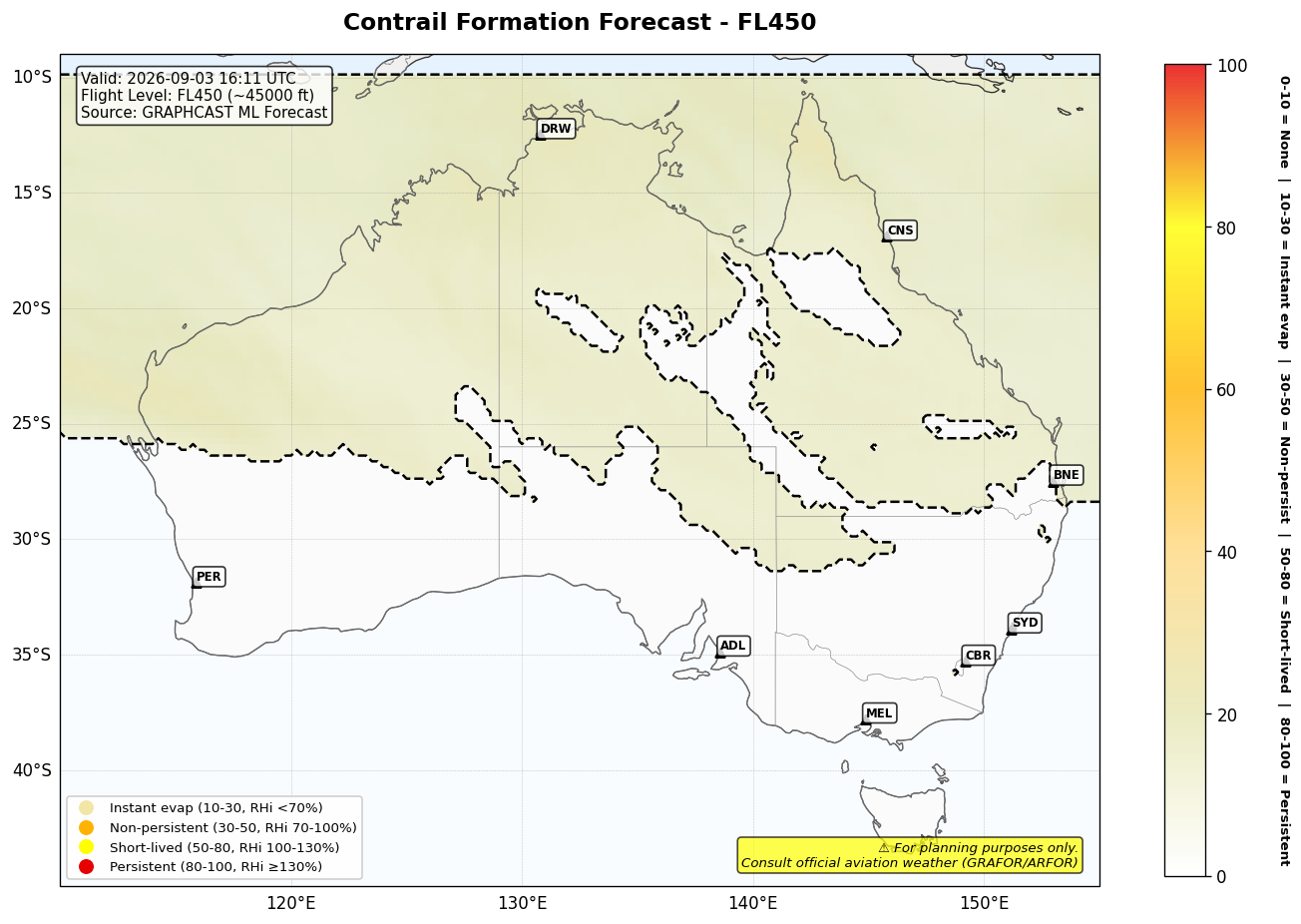 Contrail forecast for FL450 at 2026-09-03 16:11 UTC