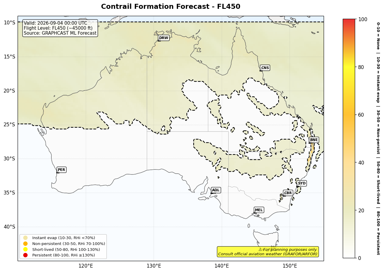 Contrail forecast for FL450 at 2026-09-04 00:00 UTC
