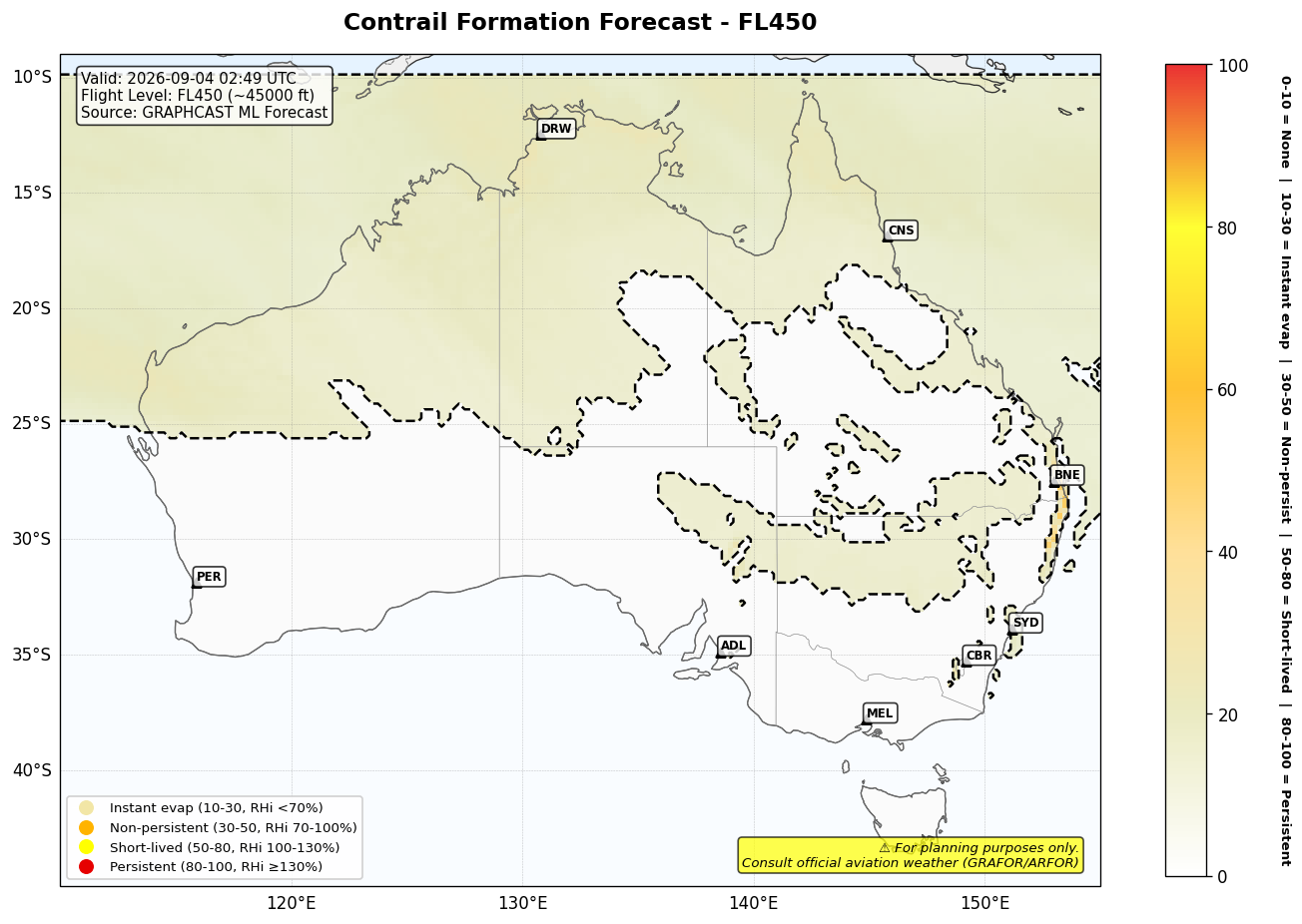 Contrail forecast for FL450 at 2026-09-04 02:49 UTC