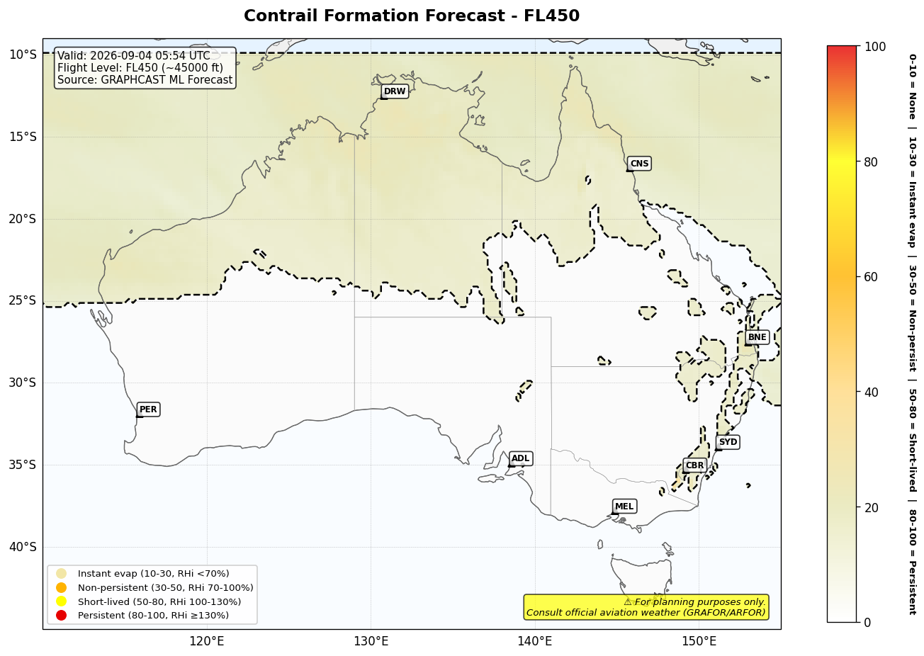 Contrail forecast for FL450 at 2026-09-04 05:54 UTC