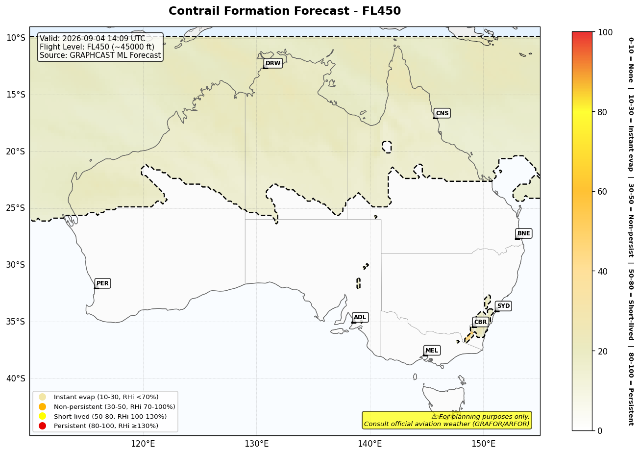 Contrail forecast for FL450 at 2026-09-04 14:09 UTC