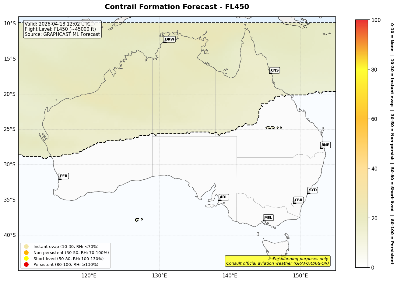 Contrail forecast for FL450 at 2026-04-18 12:02 UTC