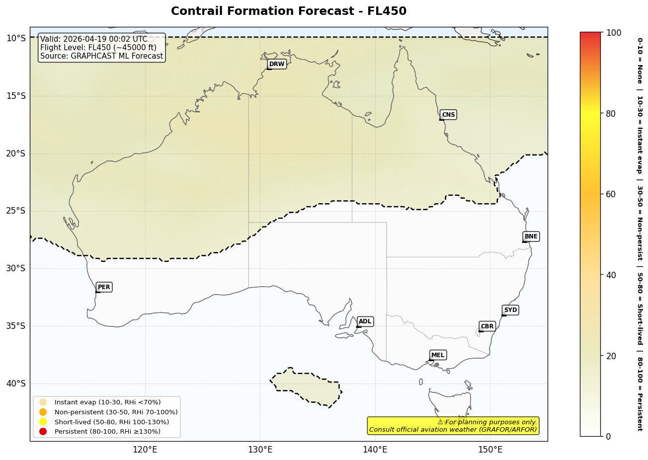 Contrail forecast for FL450 at 2026-04-19 00:02 UTC