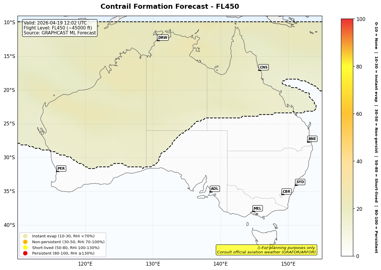 Contrail forecast for FL450 at 2026-04-19 12:02 UTC