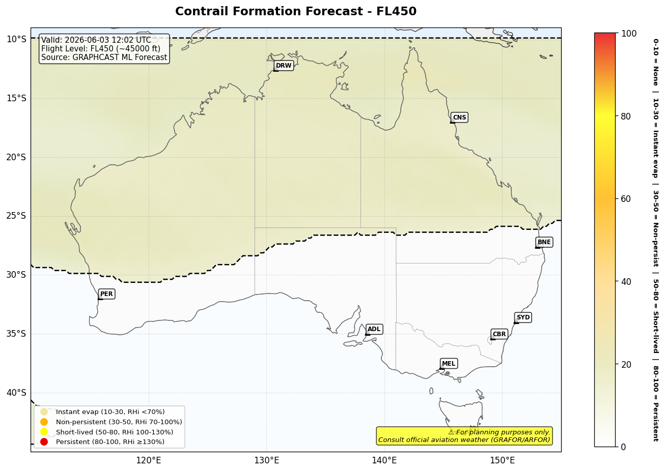 Contrail forecast for FL450 at 2026-06-03 12:02 UTC