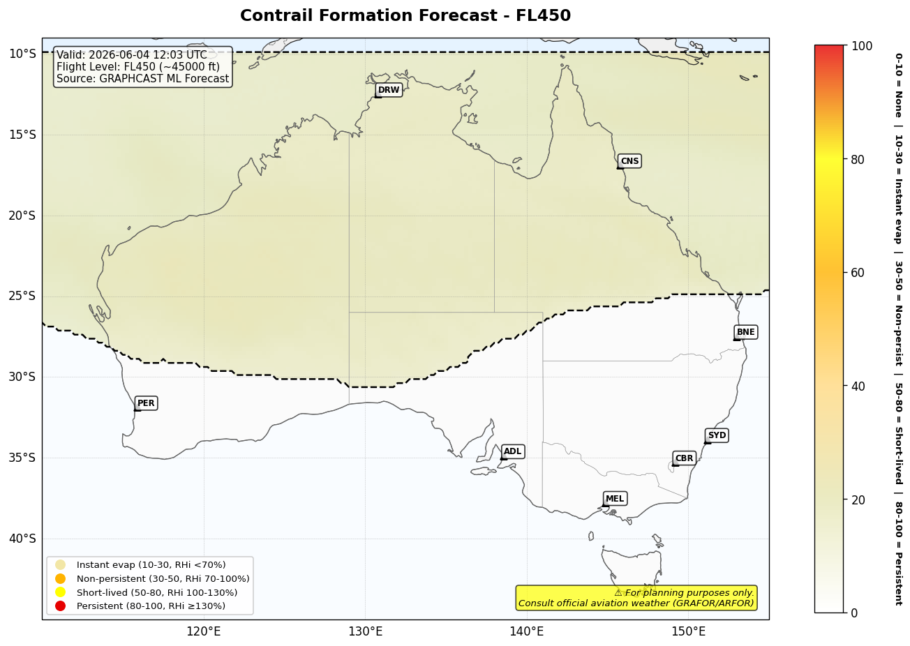 Contrail forecast for FL450 at 2026-06-04 12:03 UTC