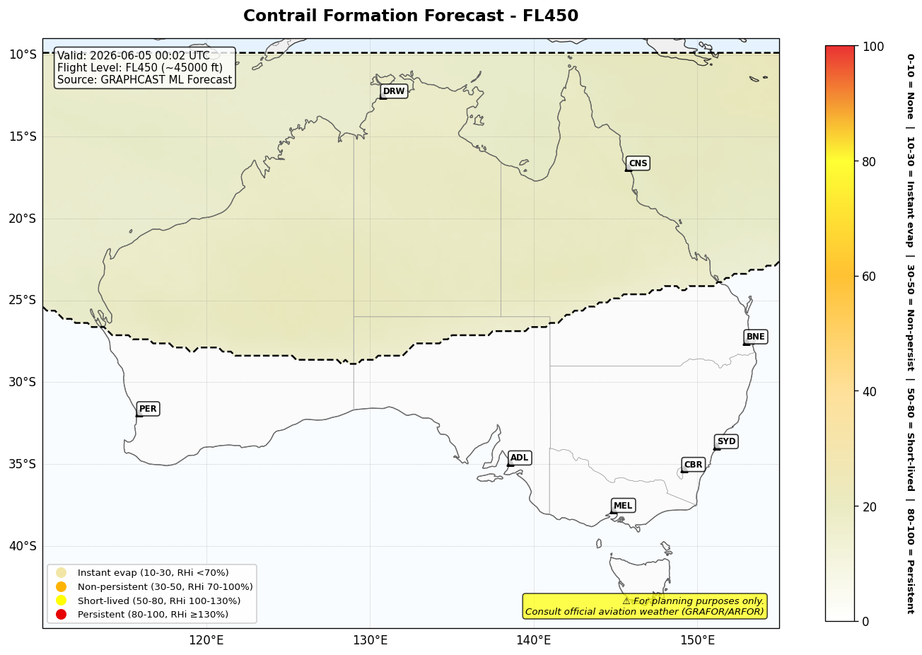 Contrail forecast for FL450 at 2026-06-05 00:02 UTC