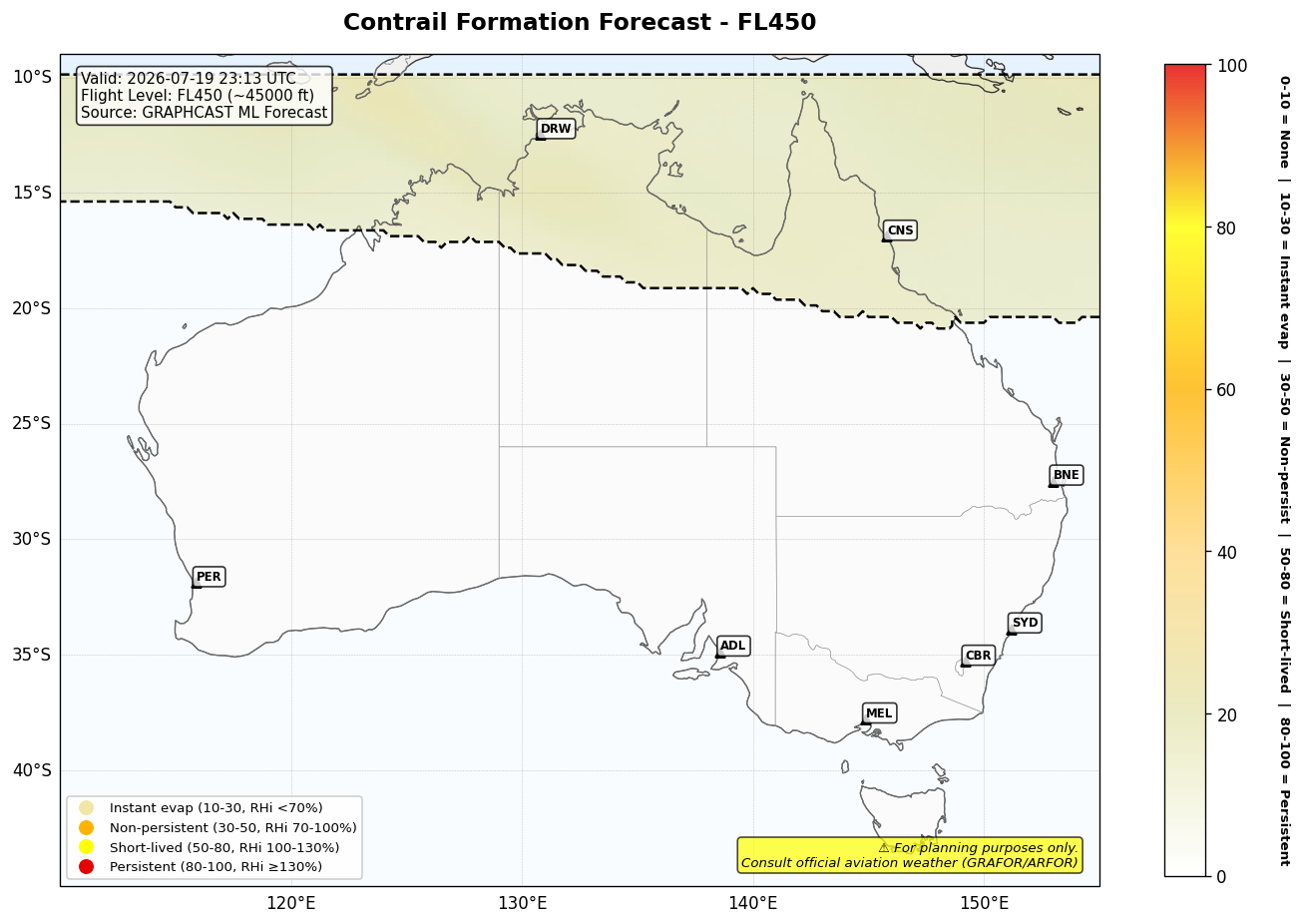 Contrail forecast for FL450 at 2026-07-19 23:13 UTC
