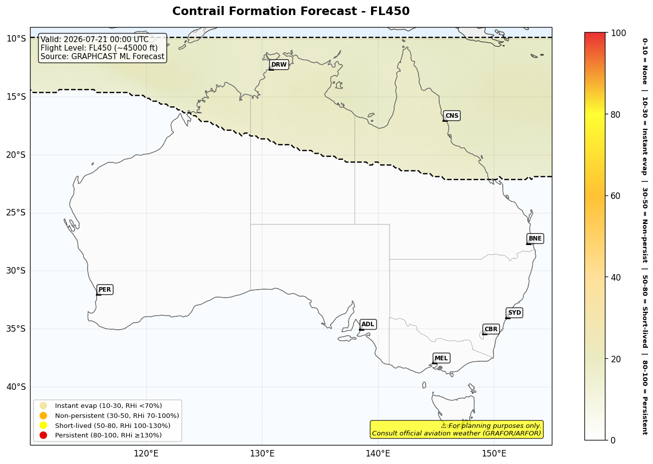Contrail forecast for FL450 at 2026-07-21 00:00 UTC
