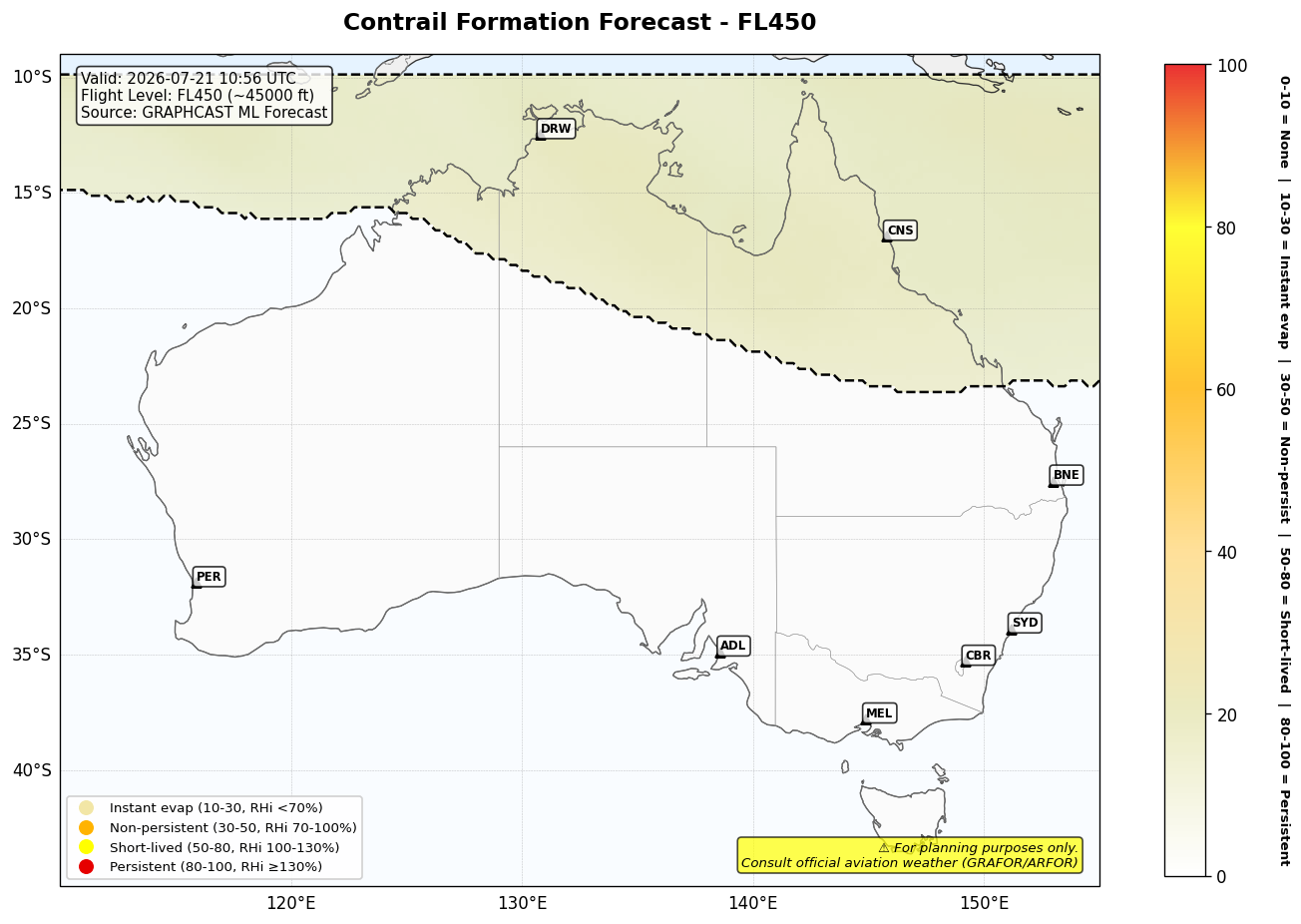 Contrail forecast for FL450 at 2026-07-21 10:56 UTC