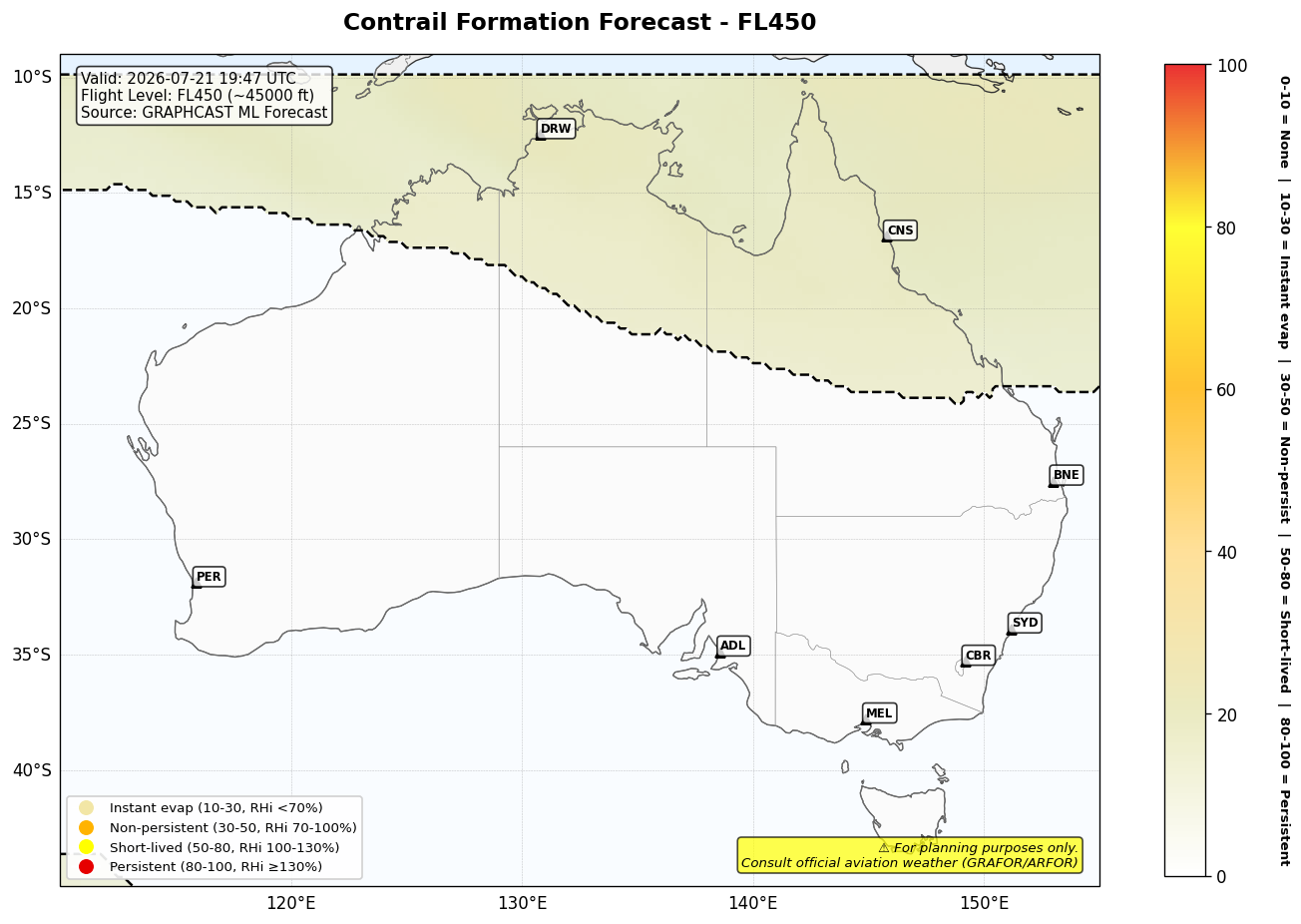 Contrail forecast for FL450 at 2026-07-21 19:47 UTC
