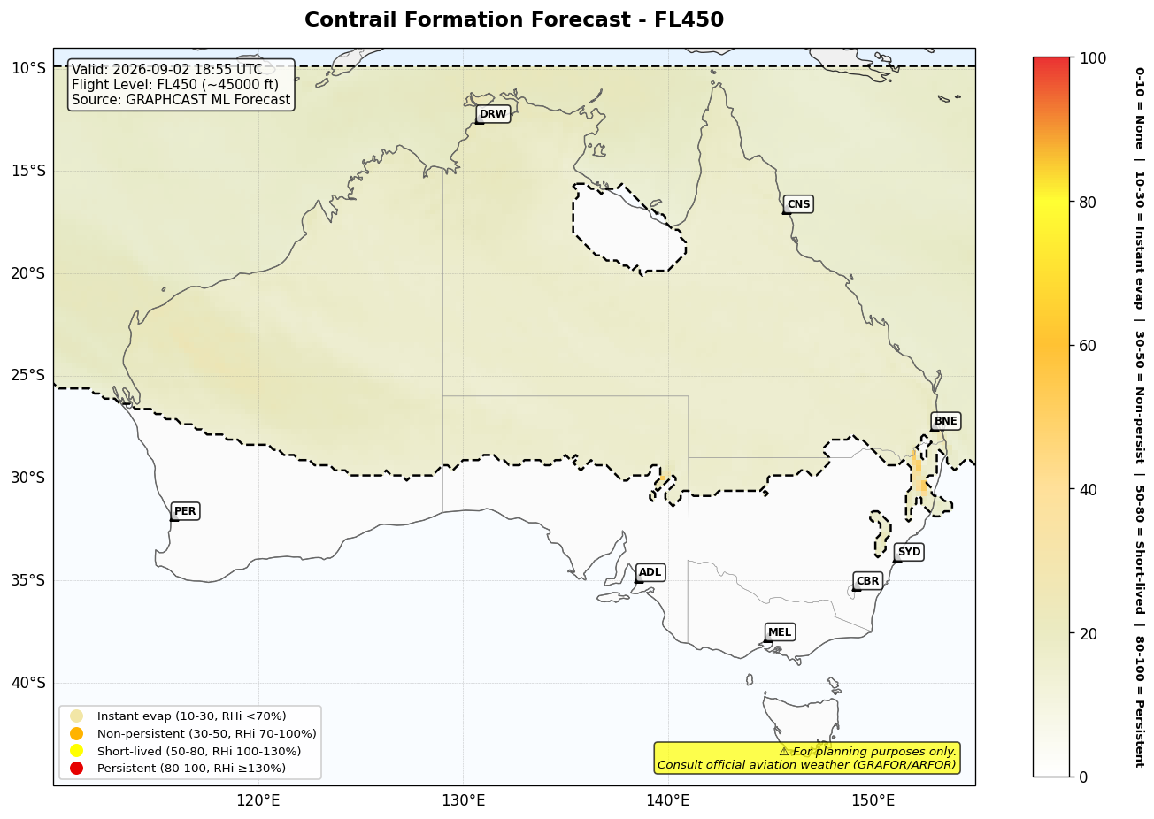 Contrail forecast for FL450 at 2026-09-02 18:55 UTC