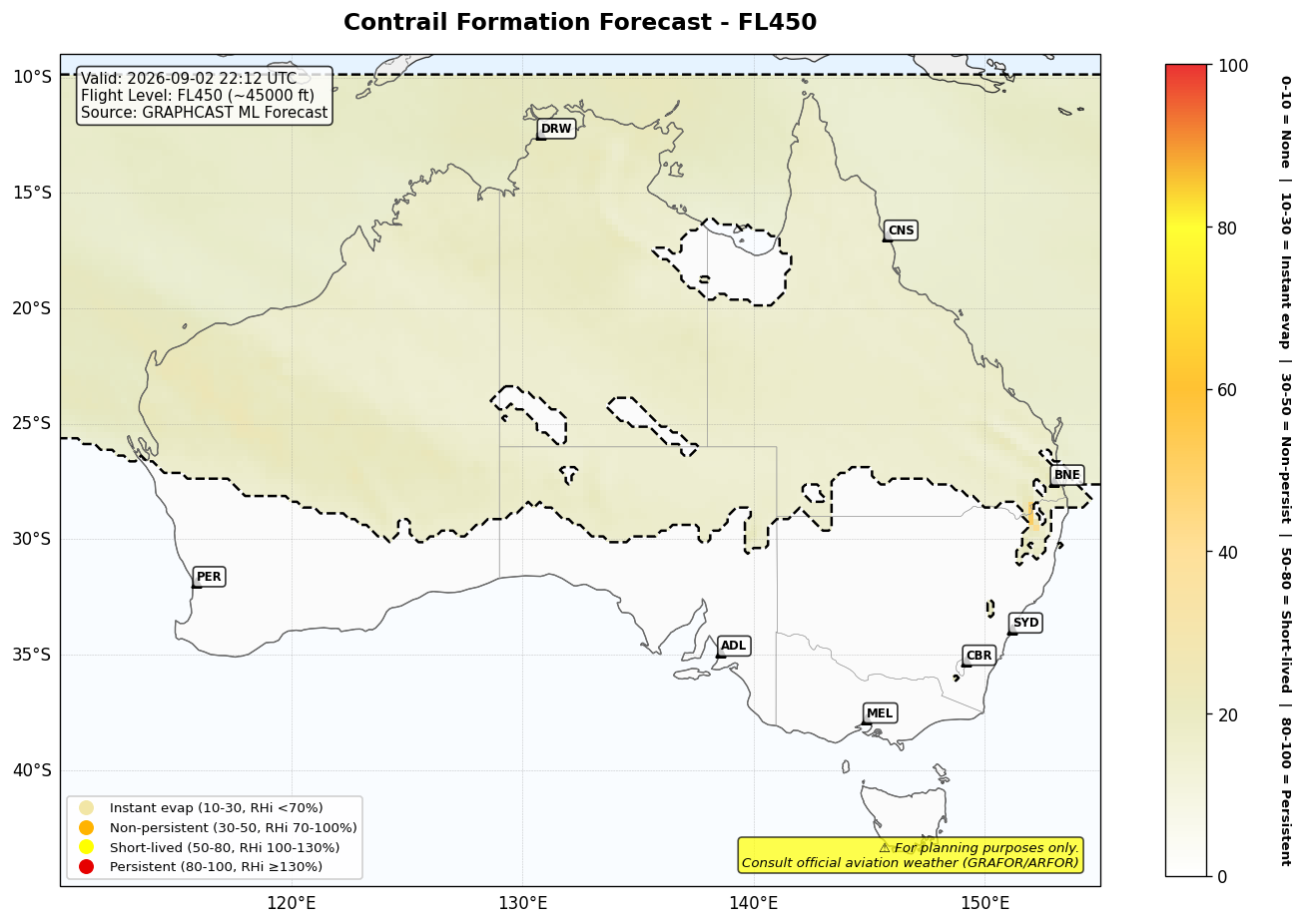 Contrail forecast for FL450 at 2026-09-02 22:12 UTC