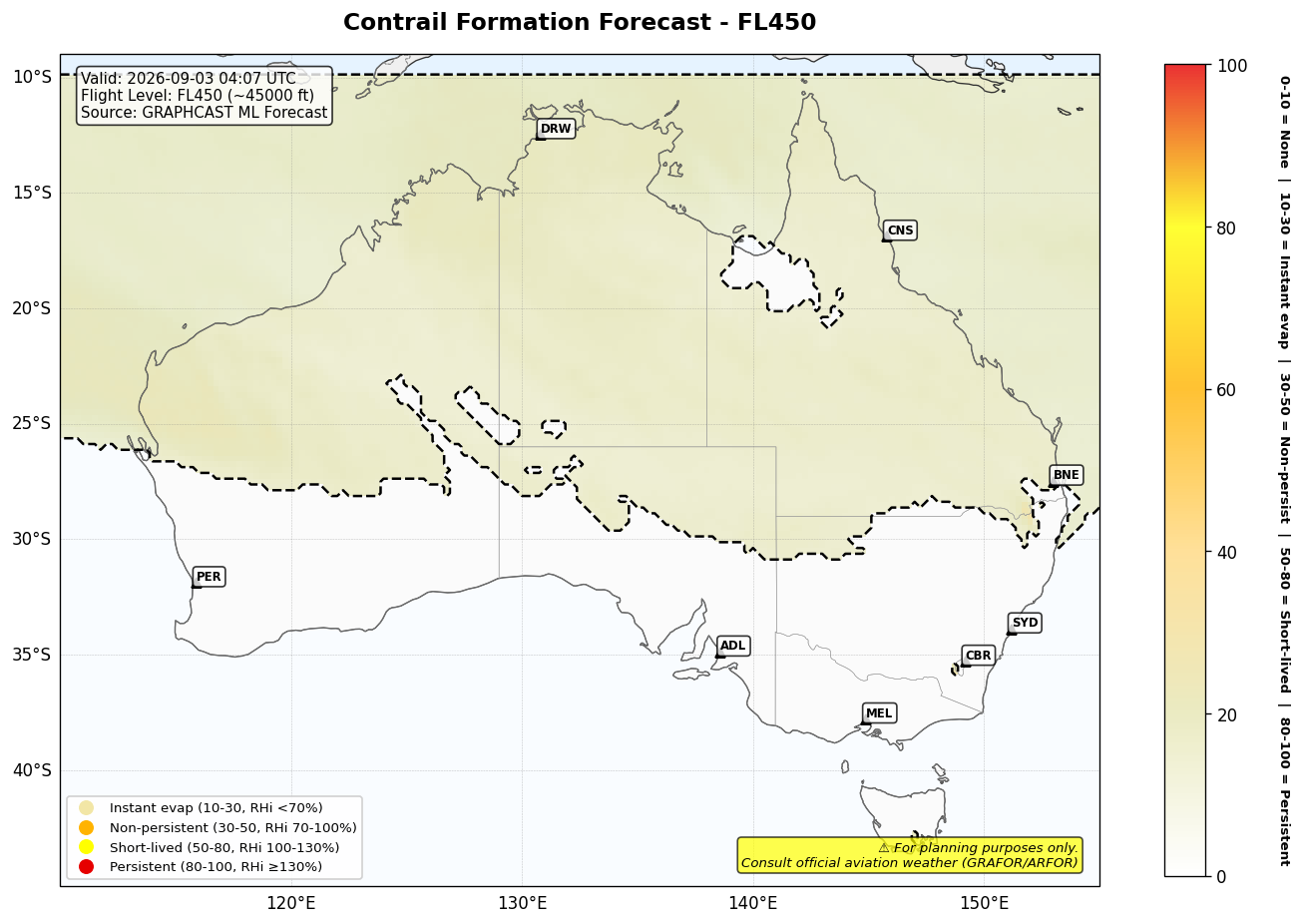 Contrail forecast for FL450 at 2026-09-03 04:07 UTC