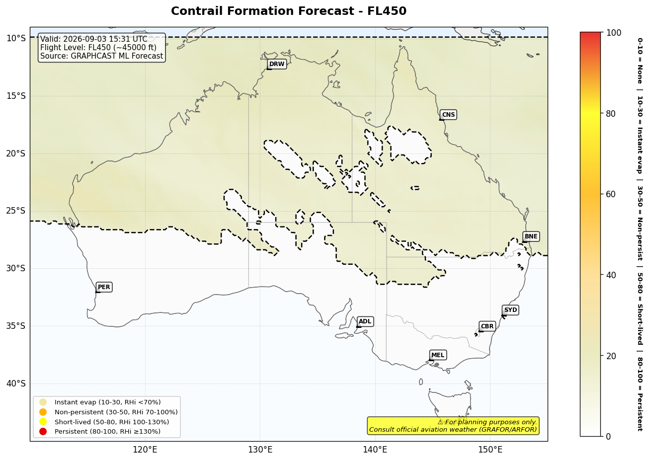 Contrail forecast for FL450 at 2026-09-03 15:31 UTC