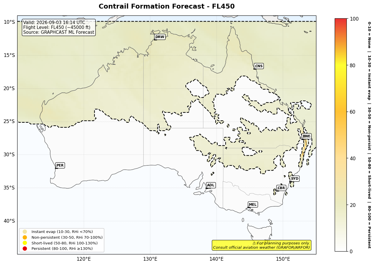 Contrail forecast for FL450 at 2026-09-03 16:14 UTC