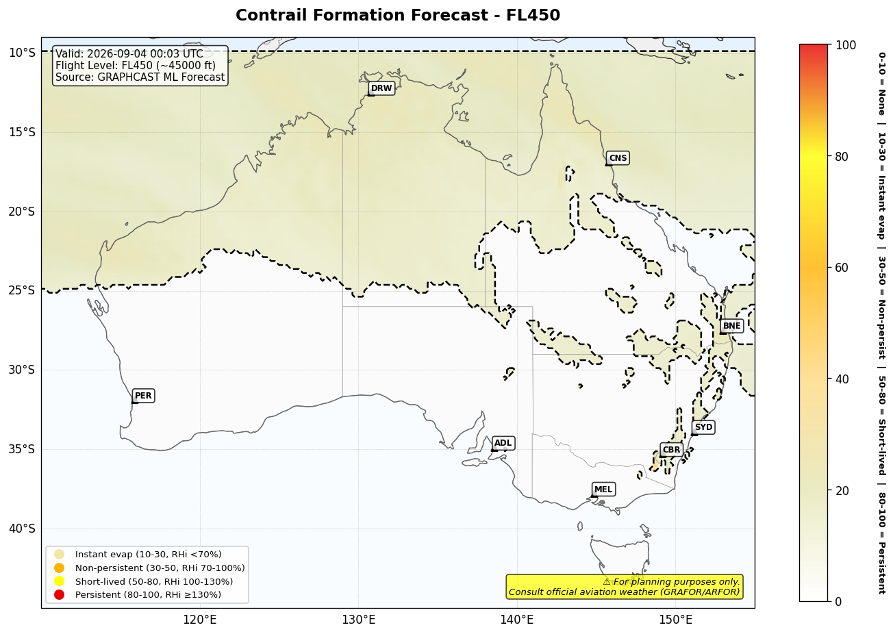 Contrail forecast for FL450 at 2026-09-04 00:03 UTC