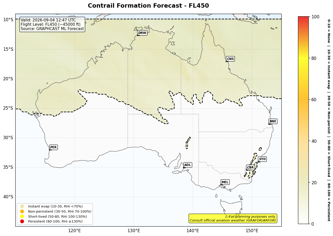 Contrail forecast for FL450 at 2026-09-04 12:47 UTC