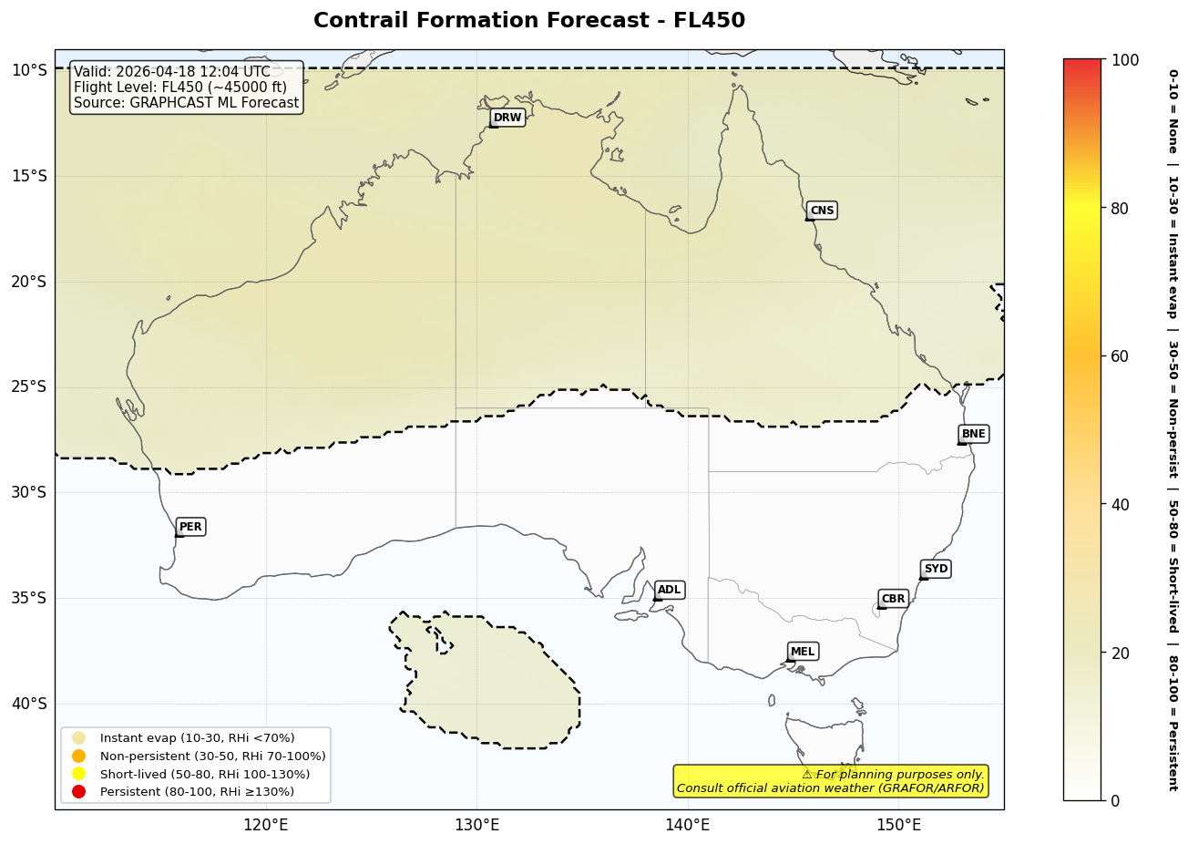Contrail forecast for FL450 at 2026-04-18 12:04 UTC
