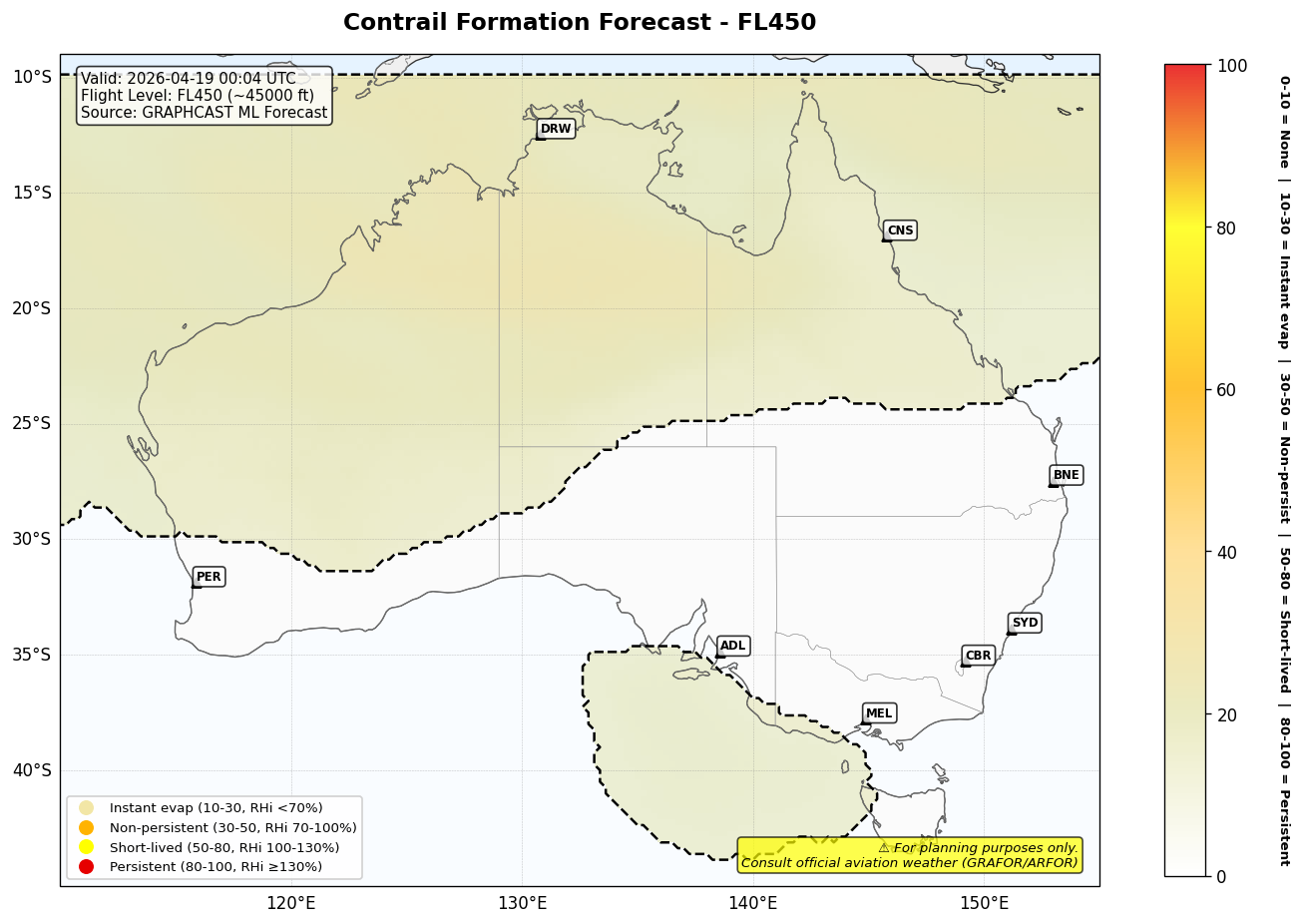 Contrail forecast for FL450 at 2026-04-19 00:04 UTC