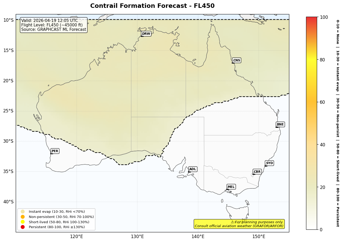 Contrail forecast for FL450 at 2026-04-19 12:05 UTC
