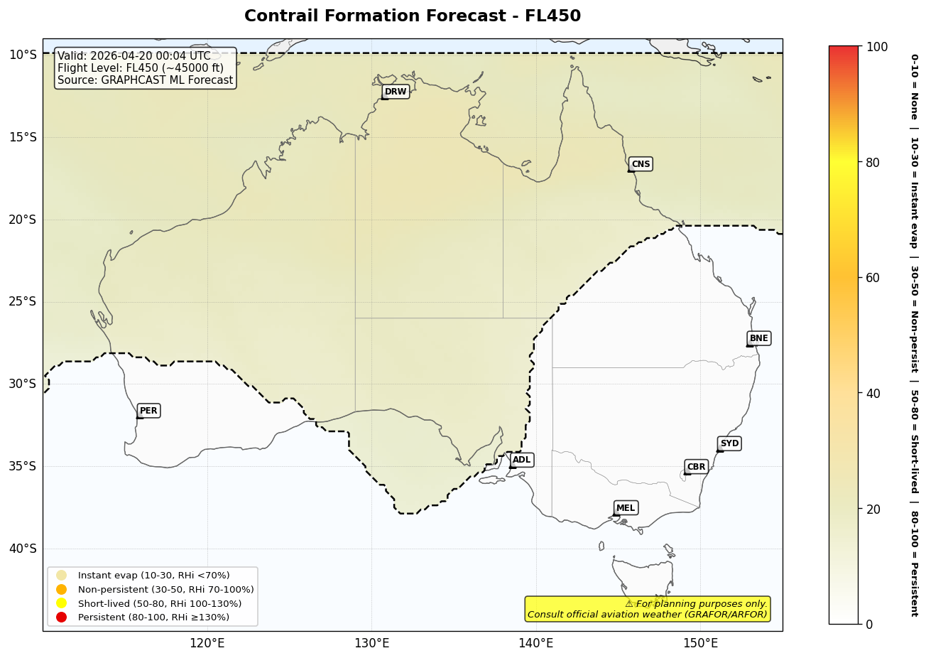 Contrail forecast for FL450 at 2026-04-20 00:04 UTC