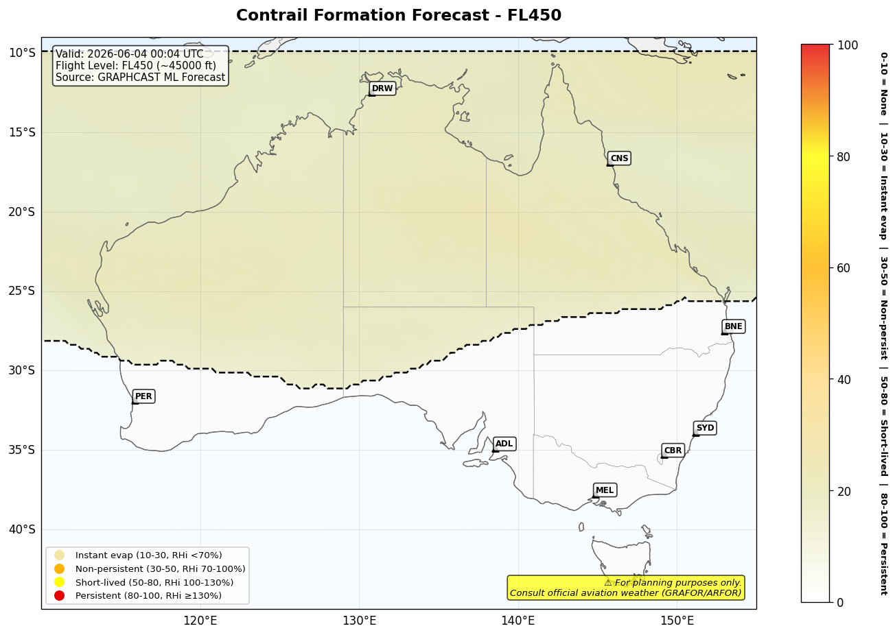 Contrail forecast for FL450 at 2026-06-04 00:04 UTC