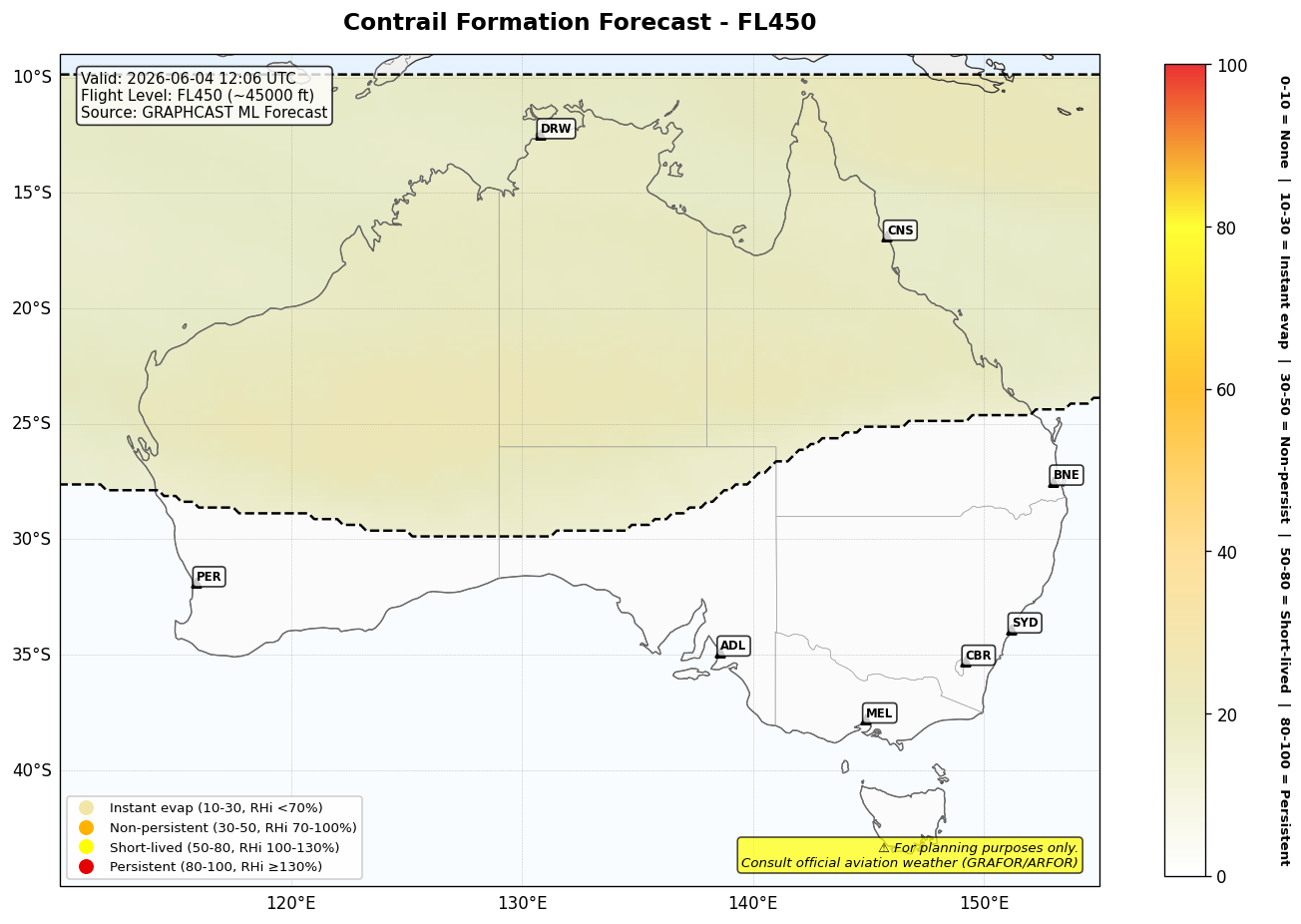 Contrail forecast for FL450 at 2026-06-04 12:06 UTC
