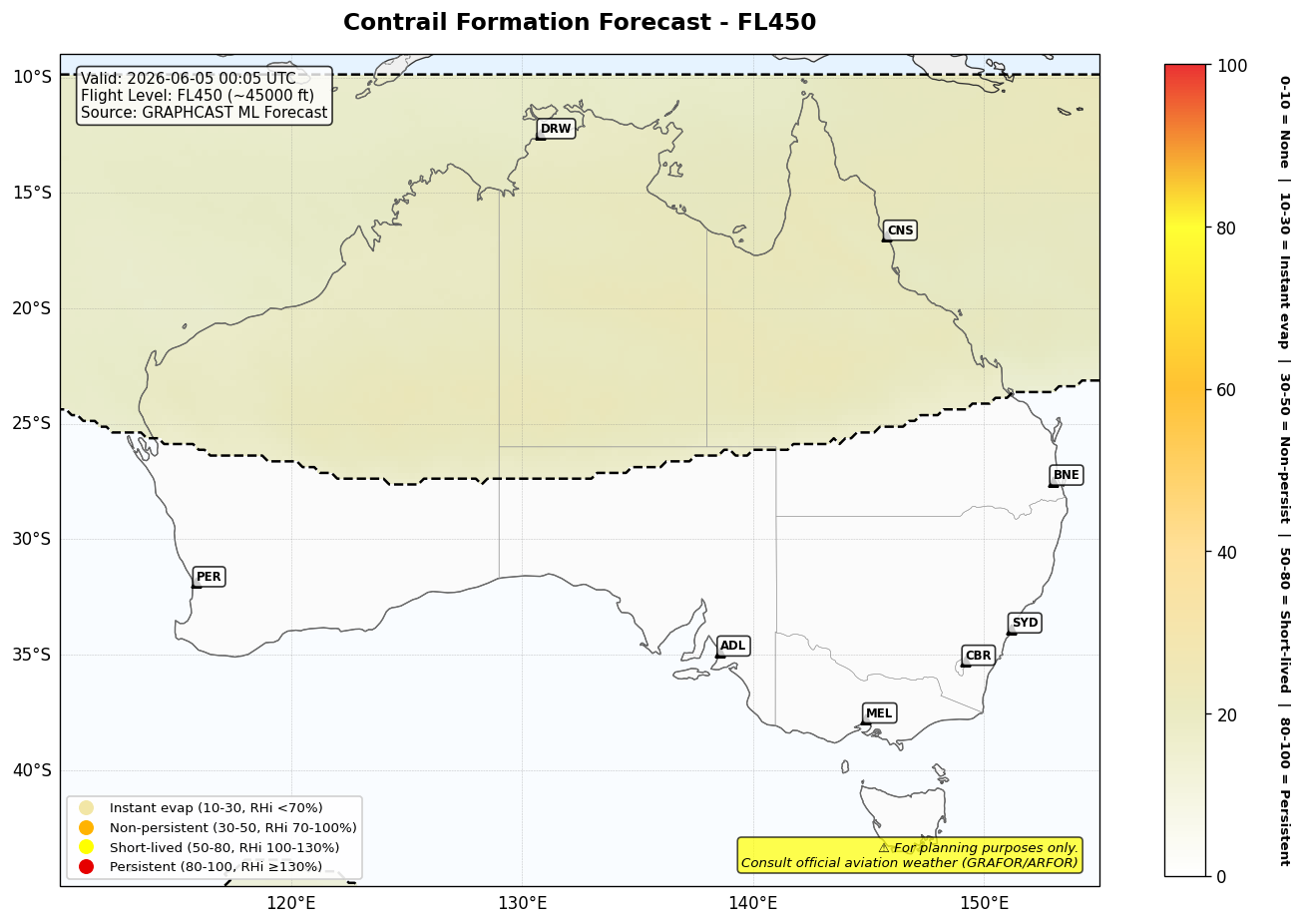 Contrail forecast for FL450 at 2026-06-05 00:05 UTC