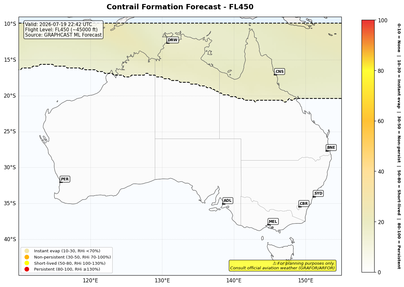 Contrail forecast for FL450 at 2026-07-19 22:42 UTC