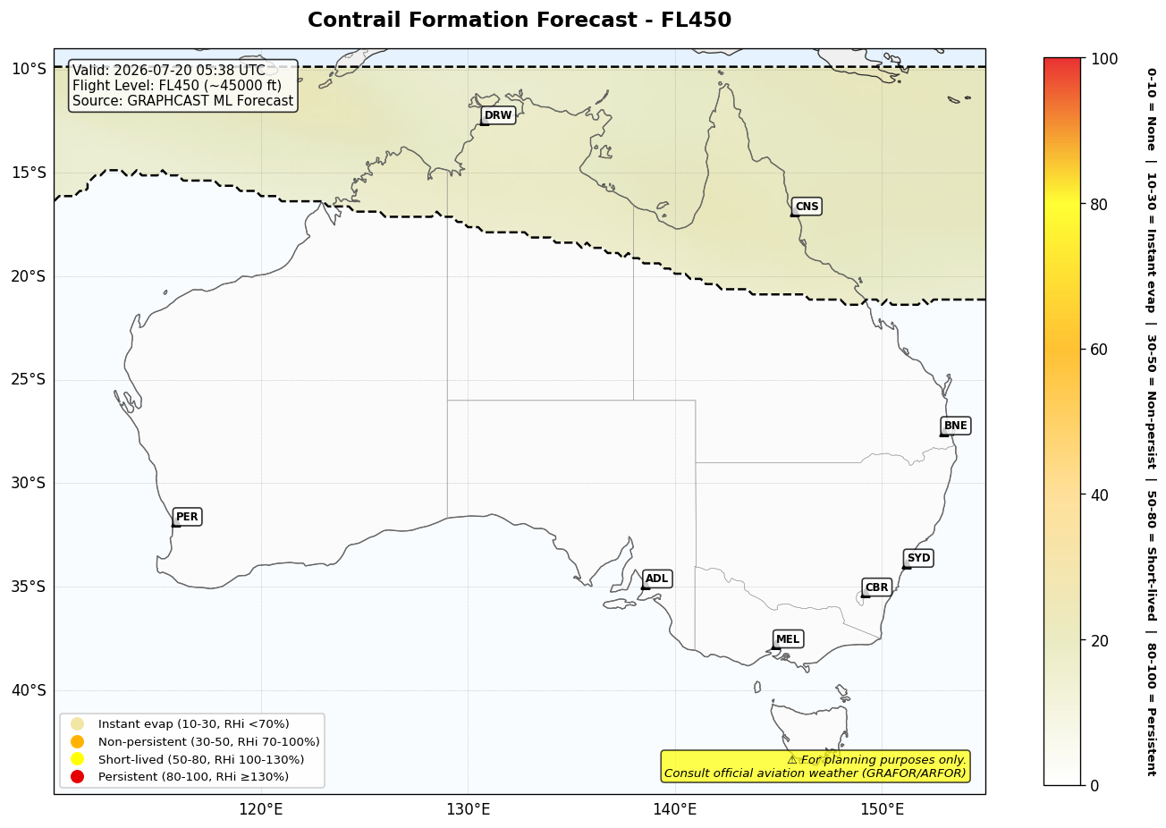 Contrail forecast for FL450 at 2026-07-20 05:38 UTC