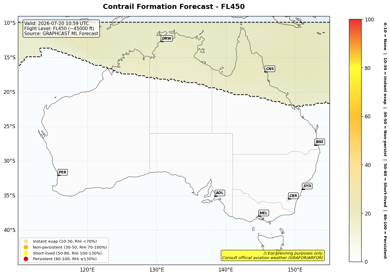 Contrail forecast for FL450 at 2026-07-20 10:59 UTC