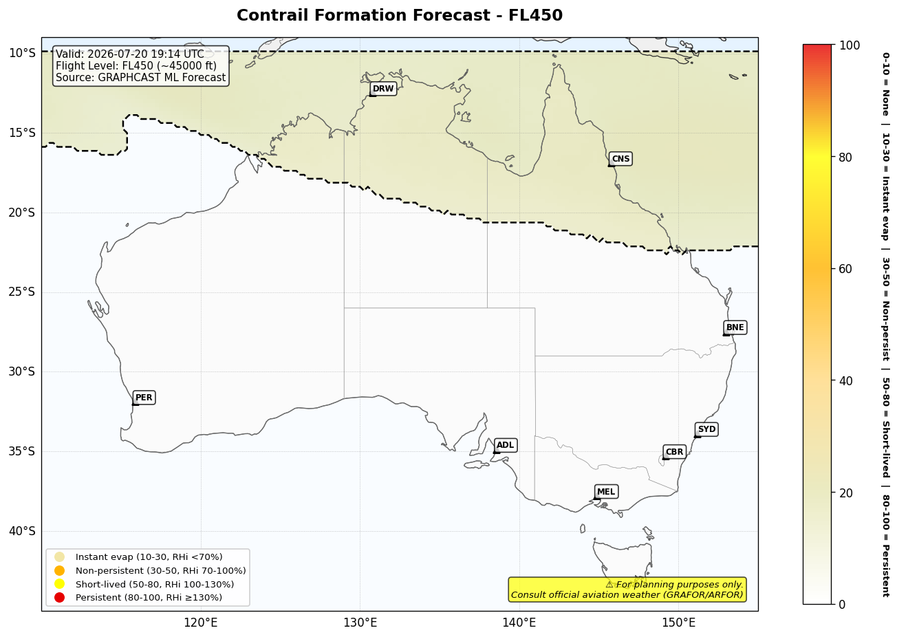 Contrail forecast for FL450 at 2026-07-20 19:14 UTC