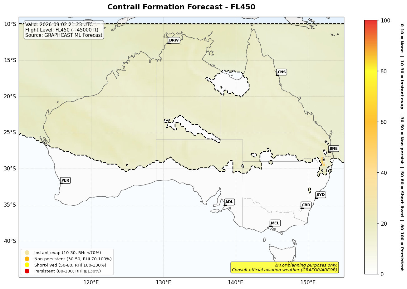 Contrail forecast for FL450 at 2026-09-02 21:23 UTC