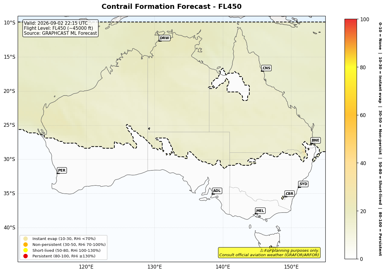 Contrail forecast for FL450 at 2026-09-02 22:15 UTC